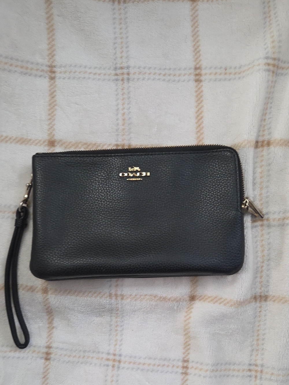 Coach Black Pebbled Leather Wristlet with Gold Hardware